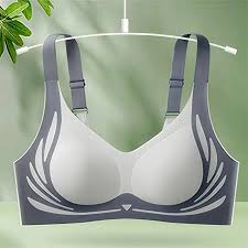 This grey and white wireless push-up bra features a decorative peacock-style wing pattern